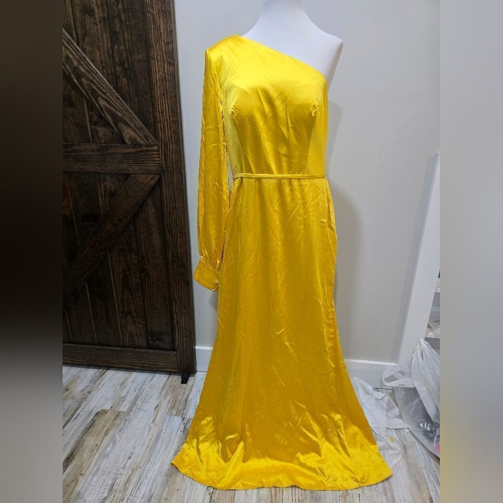 Mac Duggal 26712 One Shoulder Bishop Sleeve Trumpet Gown NWOT size 14 Yellow - Picture 4 of 7